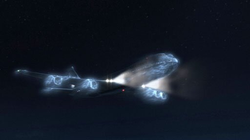 BA Flight 009, plane headlights and air moving over body of plane. CGI
